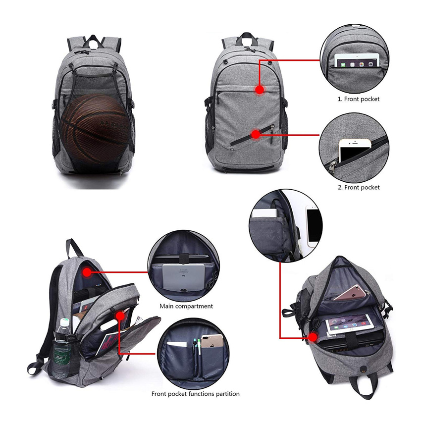 Basketball-Rucksack mit USB-Aufladung, Schultasche, leichter Tagesrucksack f&uuml;r Reisen, Wandern, Radfahren