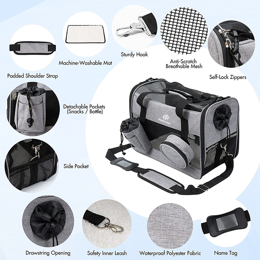 Transportbox f&uuml;r kleine, mittelgro&szlig;e Katzen, Hunde, Welpen, weiche Seiten, zusammenklappbare Taschen f&uuml;r Wasserflasche und Napf, Sicherheitsrei&szlig;verschl&uuml;sse, von TSA Airline zugelassene Reisetasche, Kitte