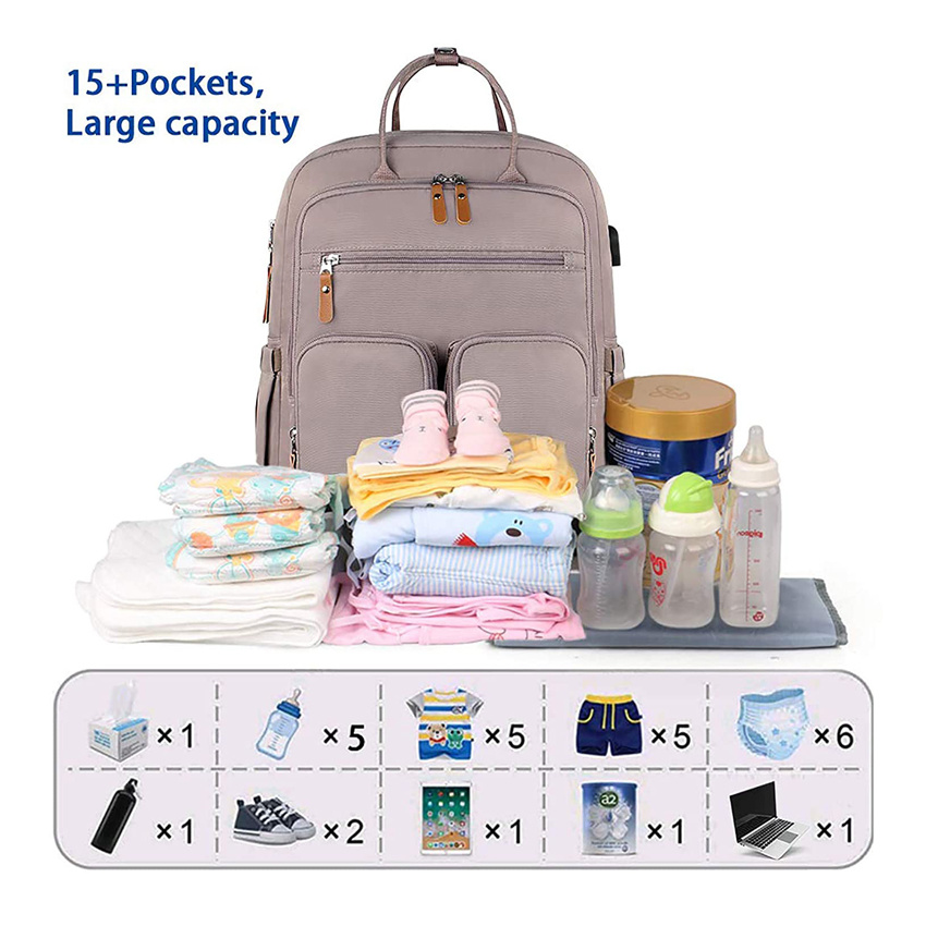 Baby Wickeltasche Rucksack Windel Babytaschen Wasserdichte Tasche mit gro&szlig;er Kapazit&auml;t und USB-Ladeanschluss